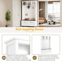 Vinsetto Versatile 4-in-1 Hall Tree with 6 Hooks, Wood Grain Bench, Multiple Storage, and 2 Drawers, 47" L x 15.5" W x 76.5" H, White(m-6)