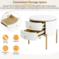 Vinsetto Round End Table with Storage Drawers, Modern Coffee Table with Faux Marble Top, Metal Legs and Handles, White+Gold(m-7)