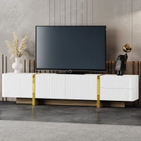 Luxury Fluted TV Stand with Storage Cabinets & Drawers, Smooth Media Console with Golden Wood Grain Legs, 75" L x 14" W x 18" H, White(m-1)