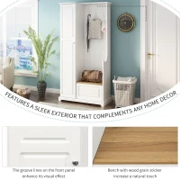 Hall Tree with Flip-Up Bench, Adjustable Shelves, and Hanging Hooks for Entryways, 36" L x 15.5" W x 70.5" H, White(m-5)