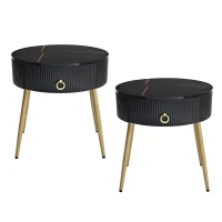 Set of 2 Modern End Tables with Storage, Faux Marble Tabletops, Fluted Panels, and Golden Legs, 19.5" L x 19.5" W x 20.5" H, Black+Gold(m-2)