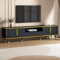 Luxury Minimalism TV Stand with Open Storage Shelf for TVs Up to 85", Entertainment Center with Cabinets and Drawers, Gold+Black(m-1)