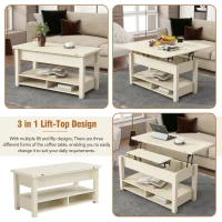 Vinsetto Lift Top Coffee Table with Multi-Functional Open Shelves, Modern Lift Tabletop Dining Table for Living Room, 42" L x 40" W x 25.5" H, Ivory(m-7)