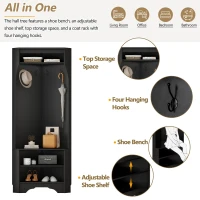 Minimalist Corner Hall Tree with Shoe Bench, 4 Hooks and Adjustable Shelf, Versatile Entryway Coat Rack Stand, 29.5" L x 18" W x 71.5" H, Black(m-6)
