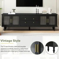Retro Design TV Stand with Fluted Glass Doors, 2 Drawers and Cabinets, Fits TVs Up to 78", 70" L x 16" W x 22" H, Black(m-5)