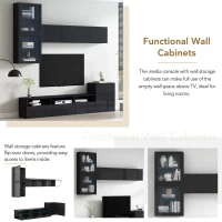High Gloss TV Stand for TVs Up to 78" with Ample Storage, Media Console, Wall Mounted Floating Cabinets, 93" L x 15" W x 26" H, Black(m-6)
