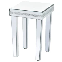 Modern Glass Mirrored Side Table with Crystal Design and Adjustable Height Legs, Easy Assembly End Table, 15" L x 15" W x 22.5" H, Silver(m-2)
