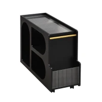 Mobile End Table with Lockable Wheels, Fluted Tempered Glass, Golden Round Rod, Side Table for Living room, 31.5" L x 12" W x 23" H, Black(m-13)