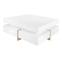 Modern High Gloss Coffee Table with 4 Drawers, Multi-Storage Square Cocktail Tea Table with Wood Grain Legs, 31.5''x31.5'', White(m-2)