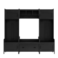 Vinsetto Modern 4-in-1 Hall Tree with Coat Rack, Storage Bench, Entryway Shelf, 7 Metal Hooks, and 4 Cabinets, 78.5" L x 15" W x 72" H, Black(m-2)