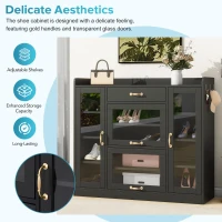 Vinsetto Modernist Side Storage Cabinets with 4 Glass Doors & 3 Hooks, Freestanding Shoe Rack with Adjustable Shelves, Gold Handles, Black(m-5)