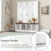 Vinsetto Multi-Functional Hall Tree with 4 Hidden Hanging Hooks, Brown Wood Grain Bench, Multiple Storage Spaces, 59" L x 15.5" W x 75" H, White(m-6)
