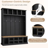 Vinsetto Wooden Entryway Hall Tree with Storage Bench, 6 Hooks, Shoe Cabinet with 13 Compartments, Elegant Coat Rack, 59" L x 18" W x 79" H, Black(m-8)