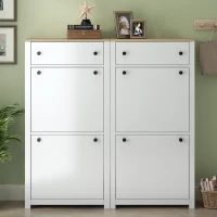 Modern Slim Shoe Cabinet Set with 4 Flip Drawers, Wood Grain Pattern Top, Adjustable Panels, Shoe Rack for Hallway, White(m-4)