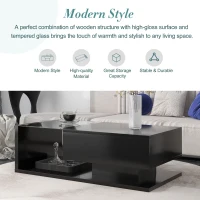Modern Coffee Table with Tempered Glass, Wooden Cocktail Table with High-Gloss UV Surface, 2-Tier Rectangle Center Table for Living Room, Black(m-6)