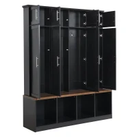 Vinsetto Multi-Functional Hall Tree with 4 Hidden Hanging Hooks, Brown Wood Grain Bench, Multiple Storage Spaces, 59" L x 15.5" W x 75" H, Black(m-12)