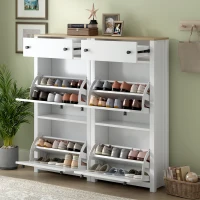 Modern Slim Shoe Cabinet Set with 4 Flip Drawers, Wood Grain Pattern Top, Adjustable Panels, Shoe Rack for Hallway, White(m-1)