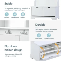 Vinsetto All-in-One Hall Tree with 3 Top Shelves, 2 Flip Shoe Storage Drawers, Storage Bench, and Metal Hanging Hooks, 39.5" L x 18" W x 71" H, White(m-8)