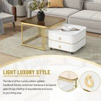 2-in-1 Square Nesting Coffee Table with Wheels & Drawers, High Gloss Marble Grain Top, Tempered Glass, 29" L x 27" W x 16" H, White+Gold(m-5)