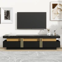 Vinsetto Luxury TV Stand with High Gloss Faux Marble Top for TVs Up to 78", Media Console with Golden Panel Design and 3 Drawers, Black+Gold(m-1)