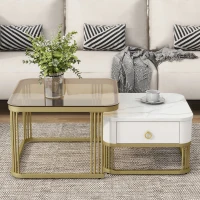 Nesting Coffee Table Set of 2 with Drawer, Square Stacking Tables with Tempered Glass and Marble Grain Tabletop for Living Room, White+Gold(m-1)