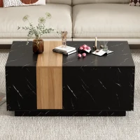 Vinsetto Modern Coffee Table with Faux Marble and Walnut Finish, Rectangular Center Table with 2 Storage Drawers for Living Room, Black(m-4)