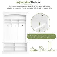 47.5'' Wide Hall Tree with Shoe Storage, 3 Hanging Hooks, Adjustable Shelves, and Multi-Functional Design for Hallway, White(m-8)
