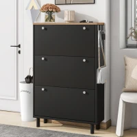 Vinsetto Narrow Design Shoe Cabinet with 3 Flip Drawers, Wood Grain Top, Adjustable Shelves, and 3 Hooks, 31.5" L x 9.5" W x 48" H, Black(m-1)