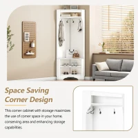 Minimalist Corner Hall Tree with Shoe Bench, 4 Hooks and Adjustable Shelf, Versatile Entryway Coat Rack Stand, 29.5" L x 18" W x 71.5" H, White(m-4)