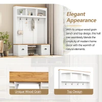 Farmhouse 4-in-1 Hall Tree with Bench and Adjustable Shelves, Multifunctional Storage Coat Rack with Hooks, 55" L x 16.5" W x 73.5" H, White(m-5)