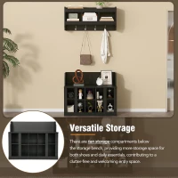 Shoe Cabinet Storage with Shelves and 4 Hooks, Elegant Hall Tree with Wall Mounted Coat Rack, Entryway Organizer for Hallway, Mudroom, Black(m-6)