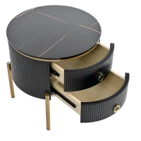 Vinsetto Round End Table with Storage Drawers, Modern Faux Marble Tabletop, Metal Legs and Handles, Black+Gold(m-13)