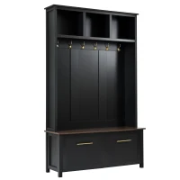 Vinsetto Versatile 4-in-1 Hall Tree with 6 Golden Hooks, Brown Wood Grain Bench, Multiple Storage Spaces, and 2 Drawers, 47" L x 15.5" W x 76.5" H, Black(m-13)