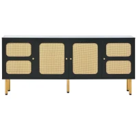 Vinsetto Boho Style TV Stand for TVs Up to 70" with Rattan Door, Media Console Table, Metal Base, Country Style Sideboard, 65" L x 17" W x 28" H, Black(m-2)