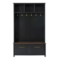 Vinsetto Versatile 4-in-1 Hall Tree with 6 Golden Hooks, Brown Wood Grain Bench, Multiple Storage Spaces, and 2 Drawers, 47" L x 15.5" W x 76.5" H, Black(m-2)