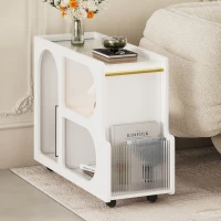 Mobile End Table with Lockable Wheels, Fluted Tempered Glass, Golden Round Rod, Side Table for Living room, 31.5" L x 12" W x 23" H, White(m-4)
