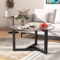 Round Coffee Table with Tempered Glass Top and Sturdy Wood Base, Modern Cocktail Table, Easy Assembly, 35.5" L x 35.5" W x 17.5" H, Black(m-4)