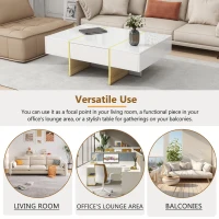 Minimalist High Gloss Coffee Table with 2 Drawers, Storage Rectangle Sofa Table, with Golden Wood Legs, 47" L x 31.5" W x 15.5" H, White(m-5)