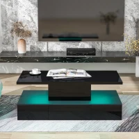 Vinsetto Modern Glossy 2-Tier Rectangle Coffee Table with Drawer, LED Lighting, Center Table for Living Room, 39.5" L x 19.5" W x 15.5" H, Black(m-4)