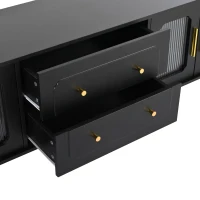 Retro Design TV Stand with Fluted Glass Doors, 2 Drawers and Cabinets, Fits TVs Up to 78", 70" L x 16" W x 22" H, Black(m-9)