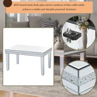 Vinsetto Fashionable Modern Glass Mirrored Coffee Table with Crystal Design and Adjustable Height Legs, Easy Assembly, 35.5" L x 23.5" W x 18.5" H, Silver(m-6)