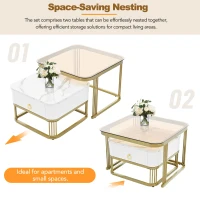 Nesting Coffee Table Set of 2 with Drawer, Square Stacking Tables with Tempered Glass and Marble Grain Tabletop for Living Room, White+Gold(m-8)