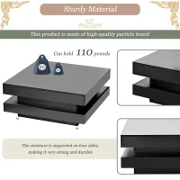 High Gloss Minimalist Coffee Table with LED Lights, 2-Tier Square Center Table for Living Room, 31.5" L x 31.5" W x 14" H, Black(m-9)