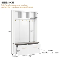 Vinsetto Versatile 4-in-1 Hall Tree with 6 Hooks, Wood Grain Bench, Multiple Storage, and 2 Drawers, 47" L x 15.5" W x 76.5" H, White(m-3)