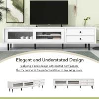 Vinsetto Chic Elegant Design TV Stand with Sliding Fluted Glass Doors, Slanted Drawers Media Console for TVs Up to 75", TV Cabinet with Storage Space, White(m-5)
