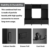 Vinsetto Modern 4-in-1 Hall Tree with Coat Rack, Storage Bench, Entryway Shelf, 7 Metal Hooks, and 4 Cabinets, 78.5" L x 15" W x 72" H, Black(m-8)