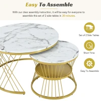 Nesting Coffee Table Set of 2 with Marble Grain Top and Golden Iron Frame, Space-Saving Design, Easy Assembly, White+Gold(m-7)