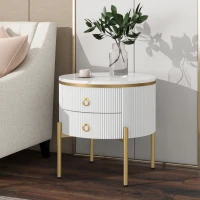 Vinsetto Round End Table with Storage Drawers, Modern Coffee Table with Faux Marble Top, Metal Legs and Handles, White+Gold(m-1)