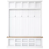 Vinsetto Wooden Entryway Hall Tree with Storage Bench, 6 Hooks, Shoe Cabinet with 13 Compartments, Elegant Coat Rack, 59" L x 18" W x 79" H, White(m-2)
