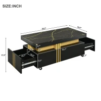 Vinsetto Contemporary Coffee Table with Faux Marble Top, Rectangle Cocktail Table with Caster Wheels, Gold Metal Bars, 39.5" L x 20" W x 17.5" H, Black(m-3)